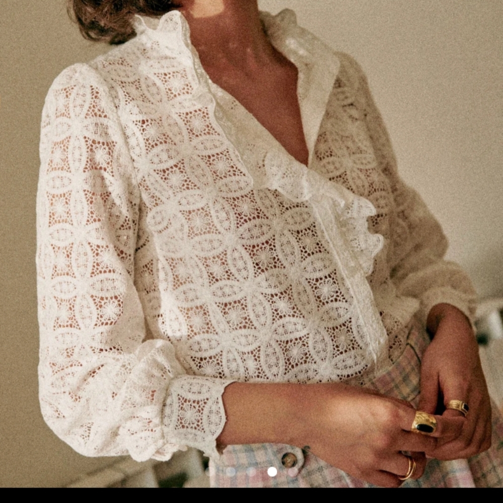 Sezane Cream Ruffled Long Sleeve Blouse